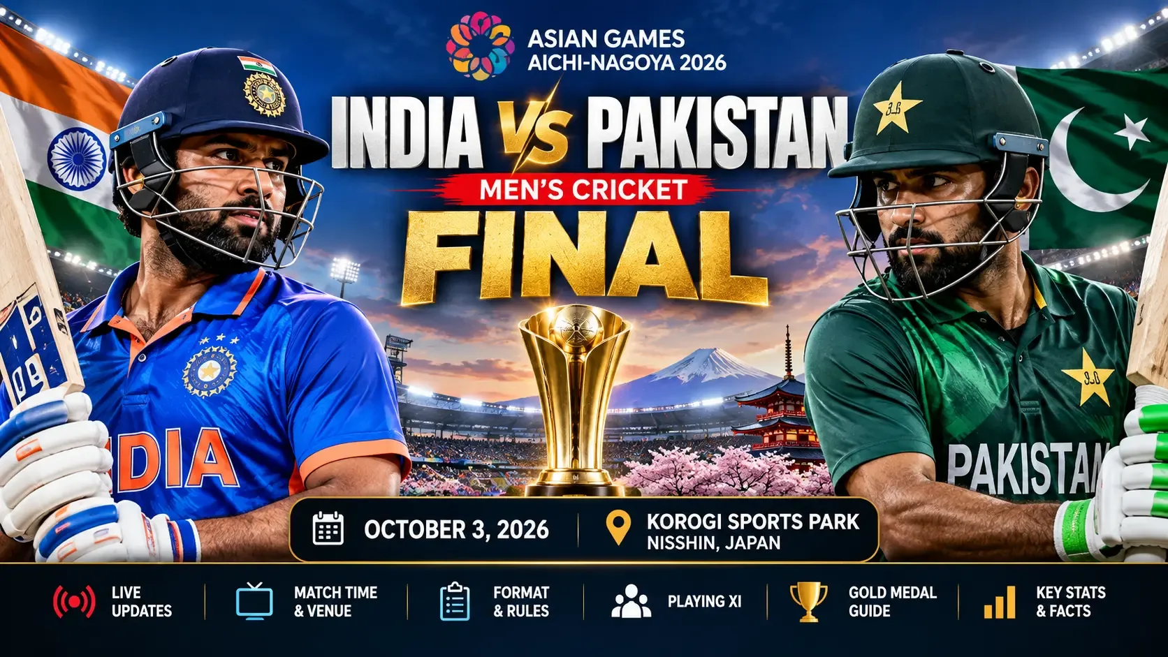 Cricket Final_ IAlt Text: India vs Pakistan Men’s Cricket Final at Asian Games Aichi-Nagoya 2026 on October 3, 2026 in Nisshin, Japan, with players, trophy, and match details.ndia vs Pakistan